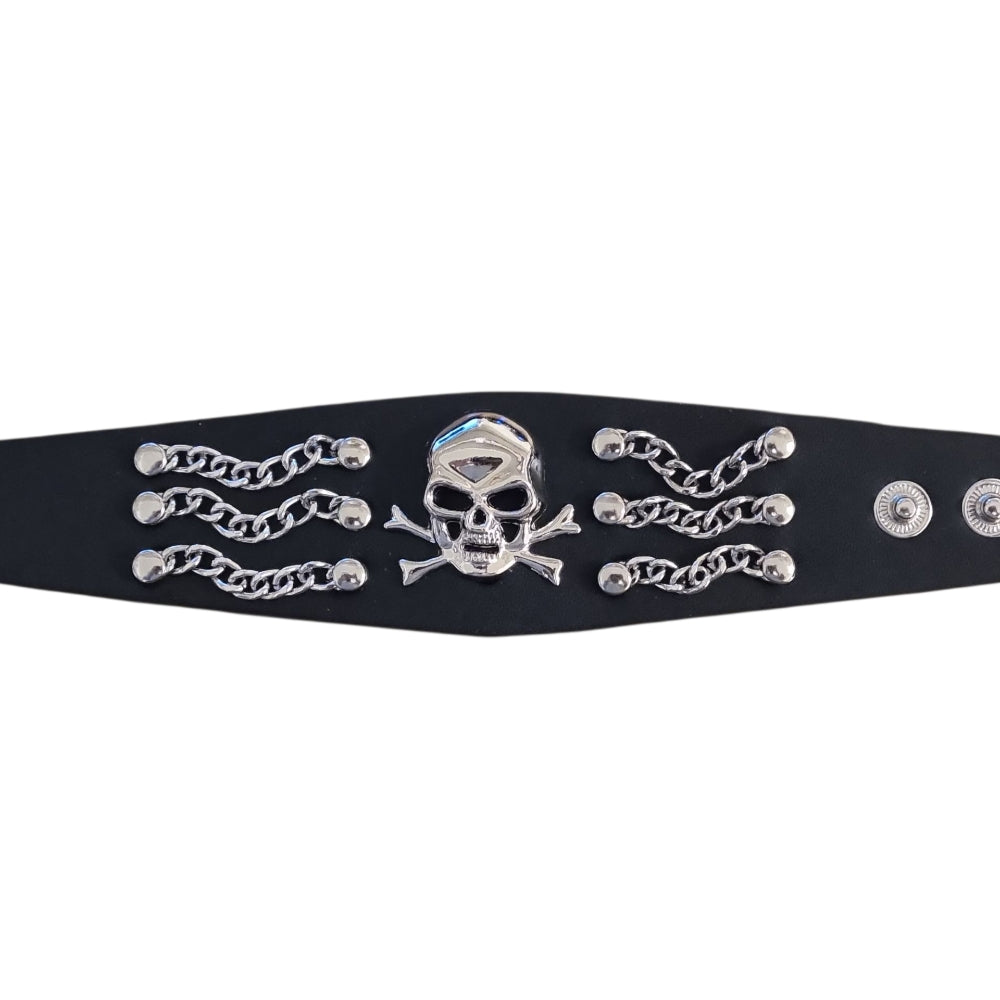 Brett läderarmband med dödskalle och kedjedetaljer – Svart