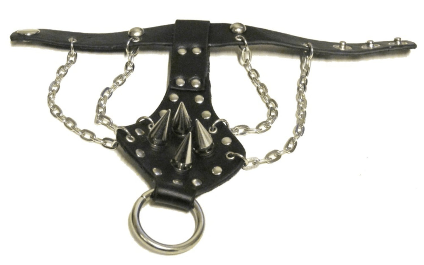 Nahkainen rannekoru, jossa piikki ja pyöreät niitit