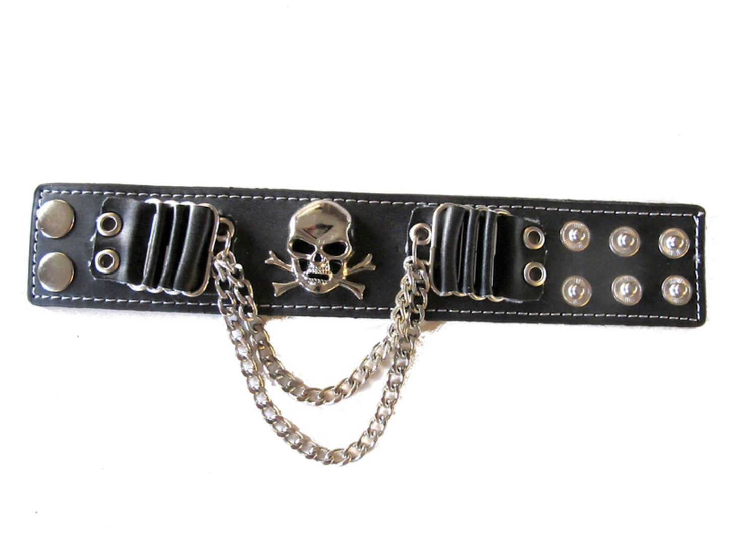 Svart läderarmband med dödskalle och kedjor – produktbild – Hiprock