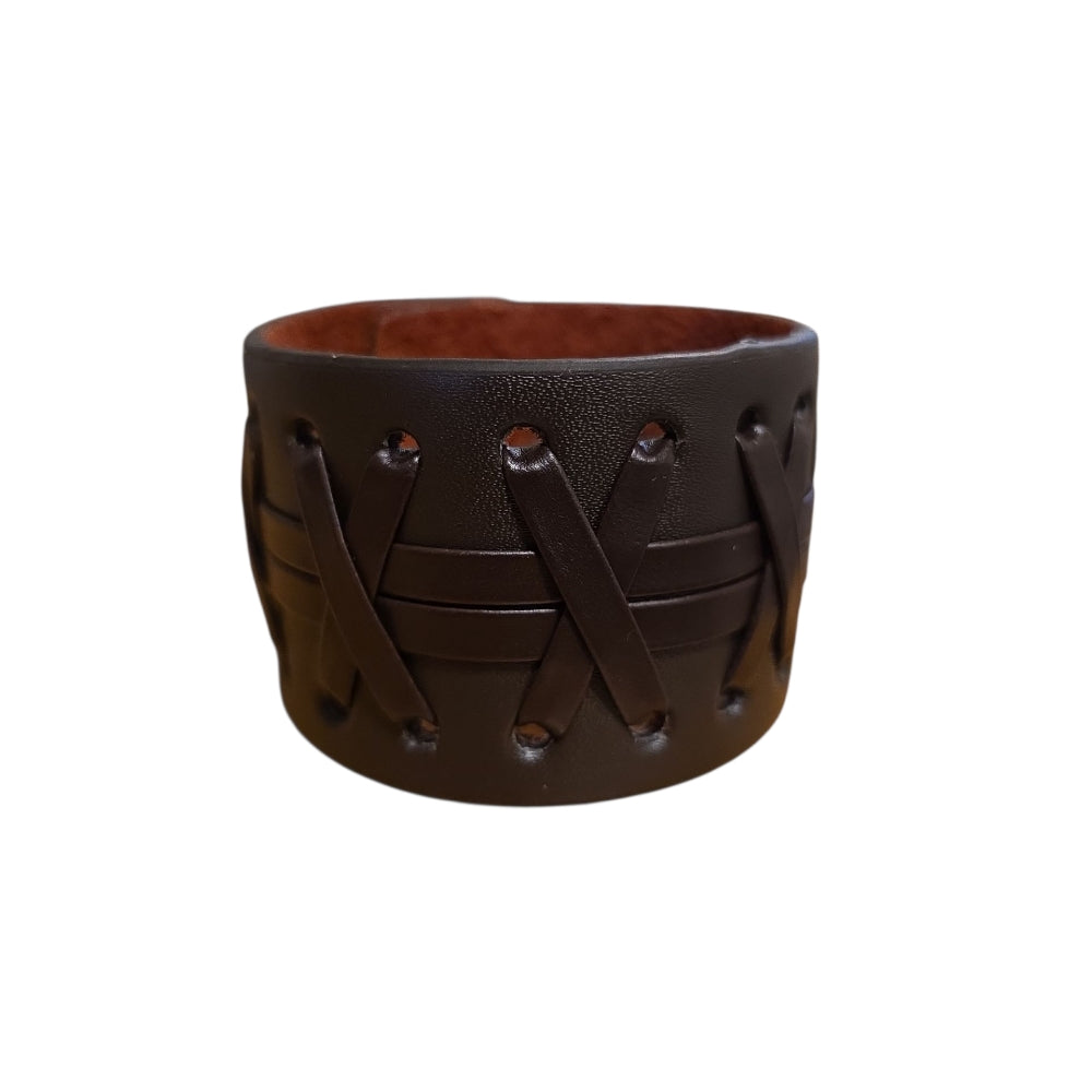 Brett brunt läderarmband med korssnörning – Justerbart