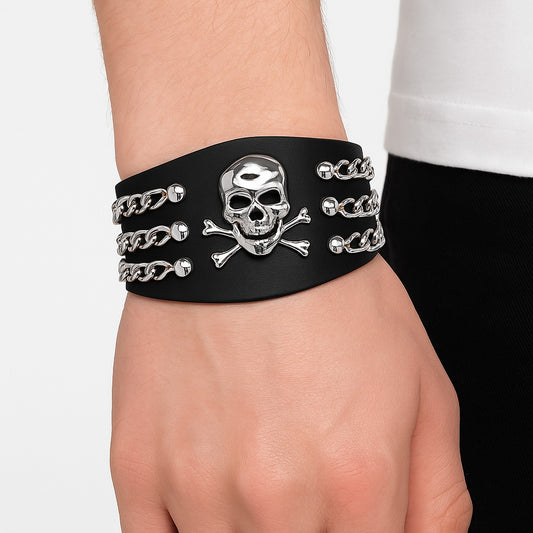 Brett läderarmband med dödskalle och kedjedetaljer – Svart