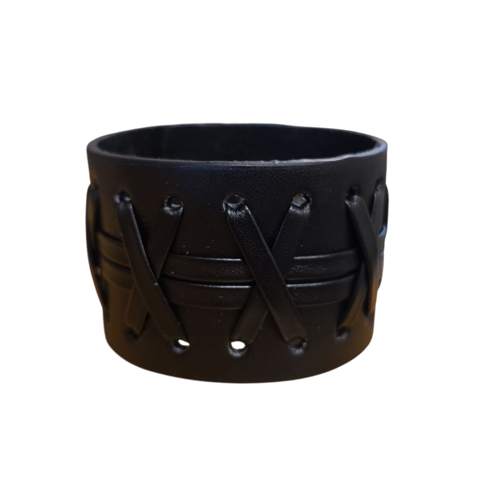 Brett svart läderarmband med korssnörning – Justerbart