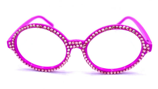 Rosa glasögon med vita stenar