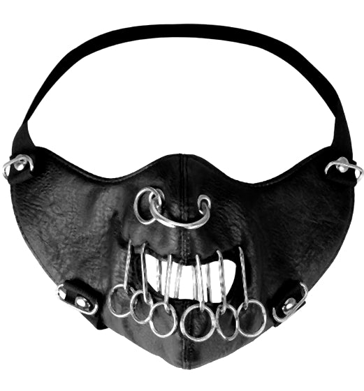 Svart ansiktsmask i konstläder med O-ringar & stavar (justerbar)