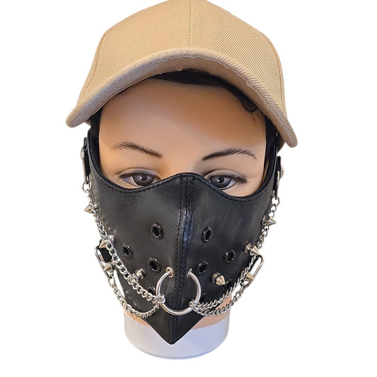 Svart ansiktsmask i konstläder med kedjor, O-ringar & spikes