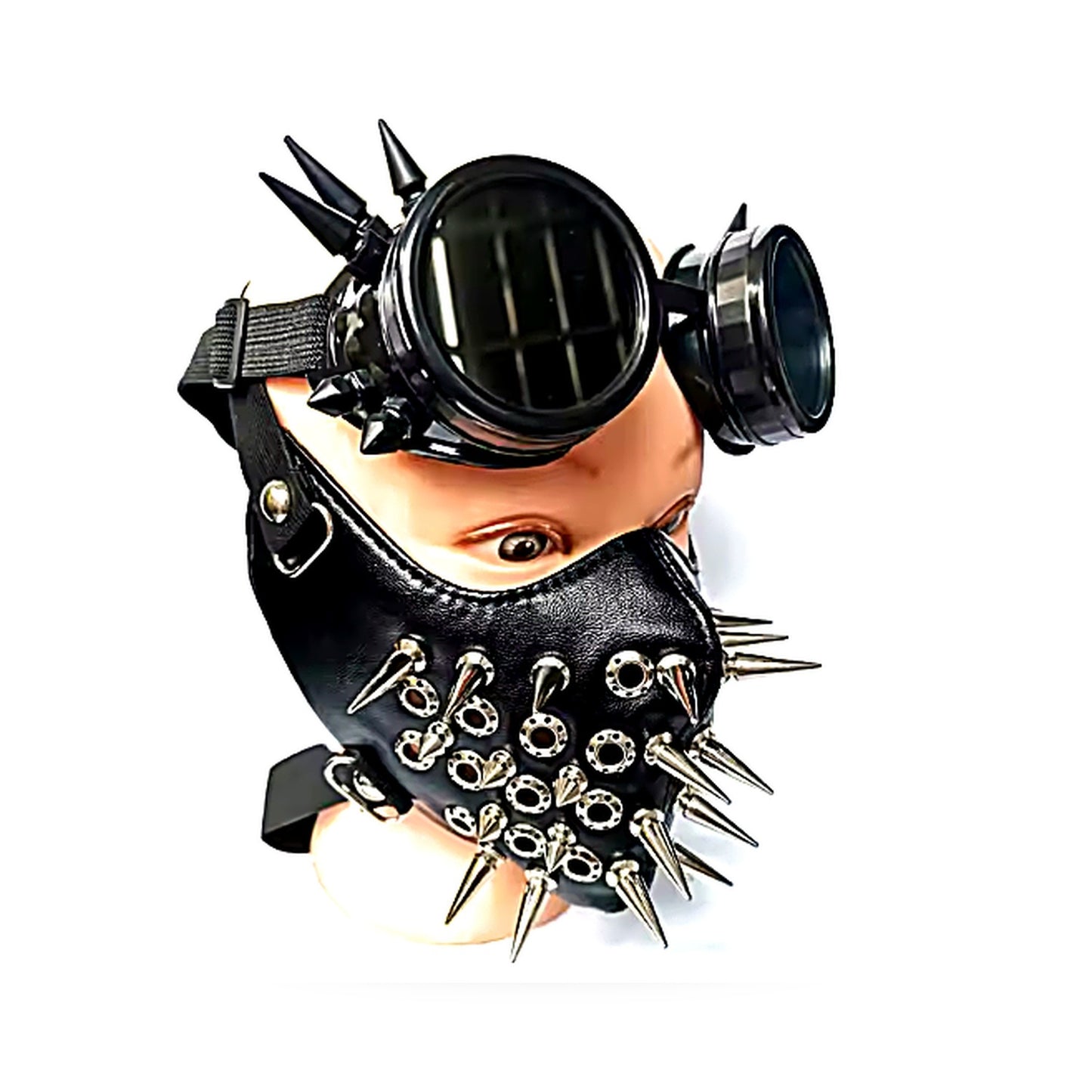 Svart ansiktsmask i konstläder med perforerade ringar & extra långa spikes