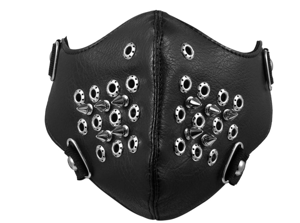 Svart ansiktsmask i konstläder med perforerade ringar & spikes