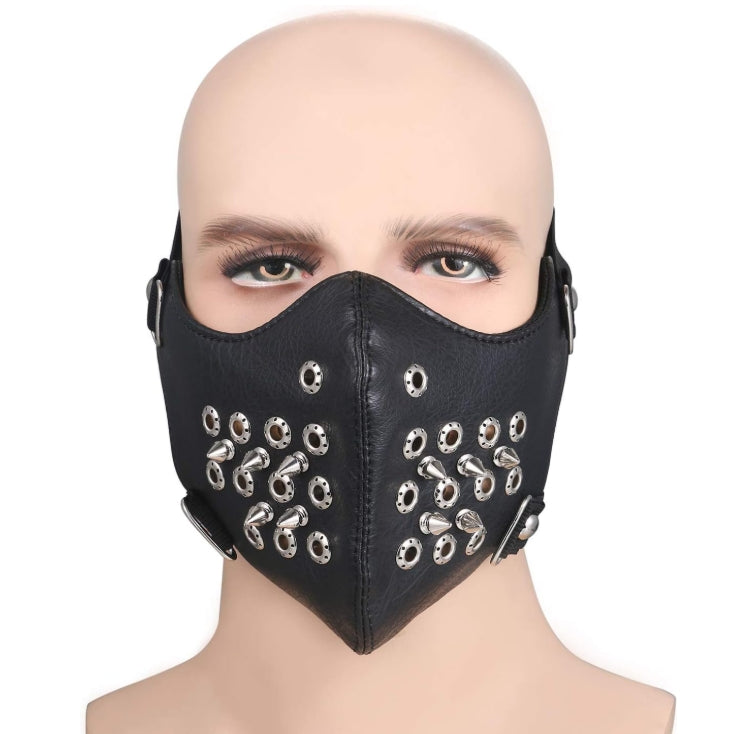 Svart ansiktsmask i konstläder med perforerade ringar & spikes