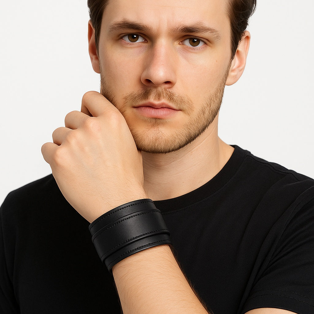 Svart läderarmband med dubbelsöm – Justerbart spänne